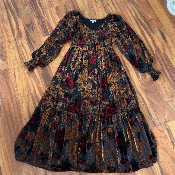 Elegant Black velvet burnout Floral Long Sleeve Dress sz M - Picture 10 of 12